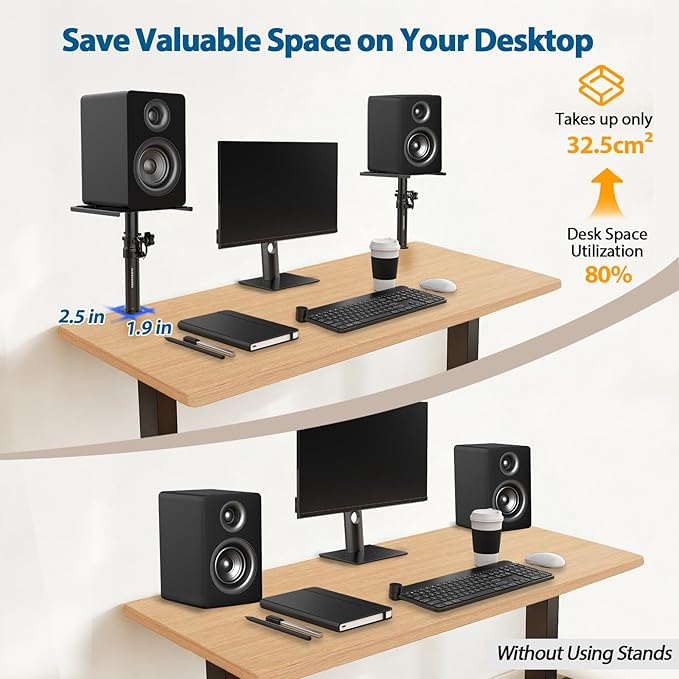 Vondynote Set of 2 Desktop Clamp Speaker Stands Short Studio Monitor Stands Height Adjustable