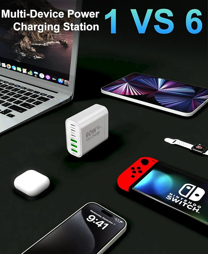 90W GaN USB C Charger Block [2 Pack],6-Port USB C Wall Charger Fast Charging 45W PD Power Adapter for MacBook Air/iPad Pro/iPhone 17Pro Max/Samsung Galaxy S24 Ultra/Tabs for Home Travel