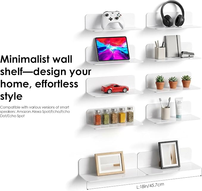 OAPRIRE Acrylic Floating Wall Shelves White, No Drill, 9 Inch 2 Pack | Strong - Image 2