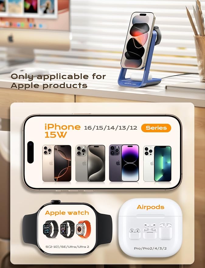 Apor 3 in 1 Charging Station for iPhone, Magsafe Wireless Charger with Cooling Fan for iPhone 17 16e 16 15 14 13 12 Series & Apple Watch Charger, Wireless Charging Station for AirPods 4/3/Pro (Blue)