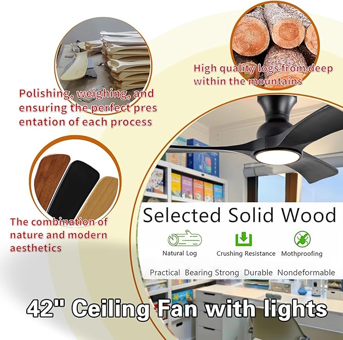 Ceiling Fans with Lights, 42 Inch Low Profile Ceiling Fan with Light, Flush Mount Celing Fan, 3CCT 3 Blades Wood Fans,Walnut Fan for Kid's Rooms Bedroom Study Garage (Black Ceiling Fan)