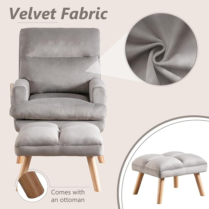 IOMOR Accent Chair with Ottoman, Velvet Fabric Chair Armchair with Adjustable - Image 3