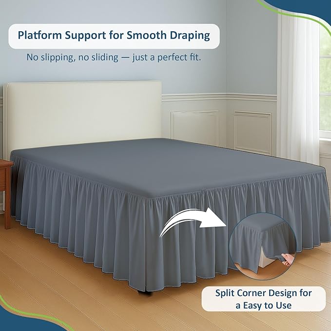 Rajlinen Ruffled Bed Skirt Full, 18 Inch Drop Dust Ruffle with Split Corners, 100% Microfiber Bedskirt with Platform, Three-Sided Coverage Ruffled Gathering Design, Dark Grey