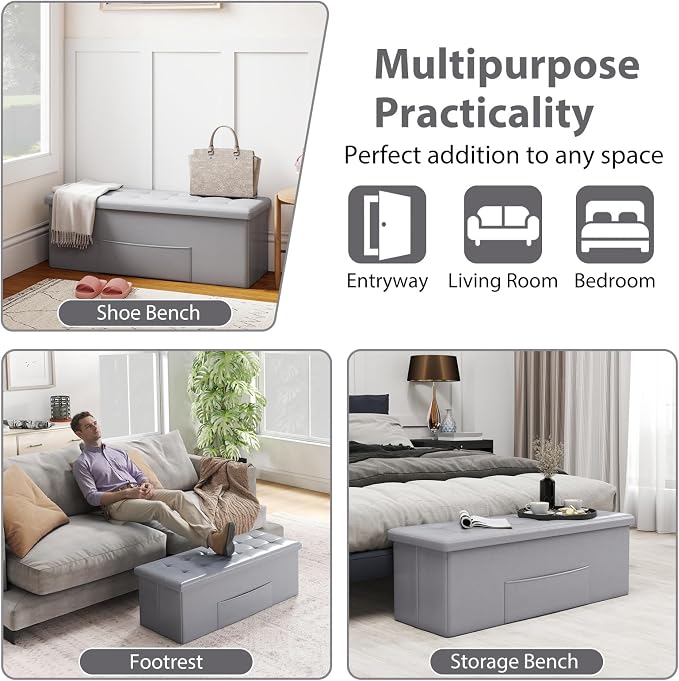 Giantex 43 Inches Folding Storage Ottoman Bench, Upholstered PU Leather Storage - Image 7