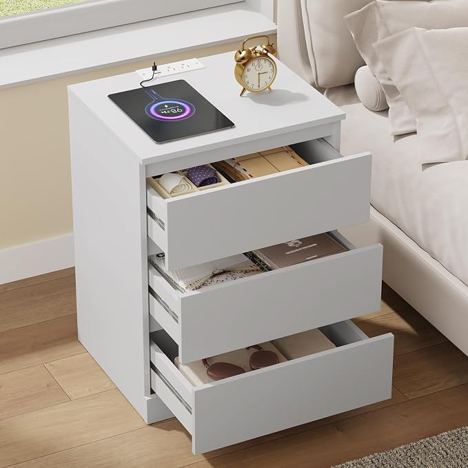 Nightstand with Charging Station, Bedside Tables with 3 Drawers, Side Table - Image 6