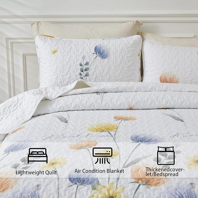 Dinjoy Floral Quilt Set Twin Size, 2 Pieces Blue Yellow Printed Bedspreads | - Image 4