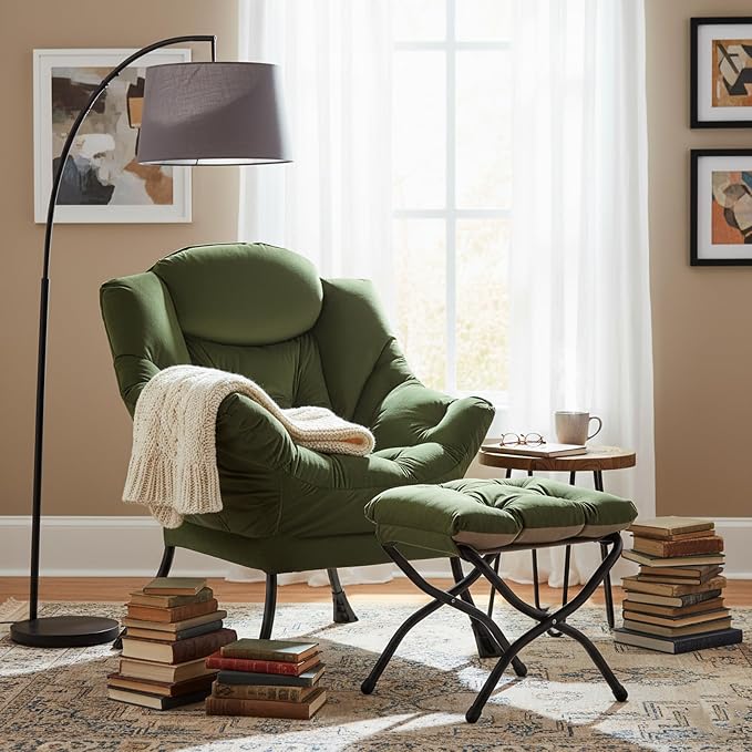 Welnow Lazy Chair with Ottoman, Reading Chair with Footrest，Army Green | A Side - Image 2