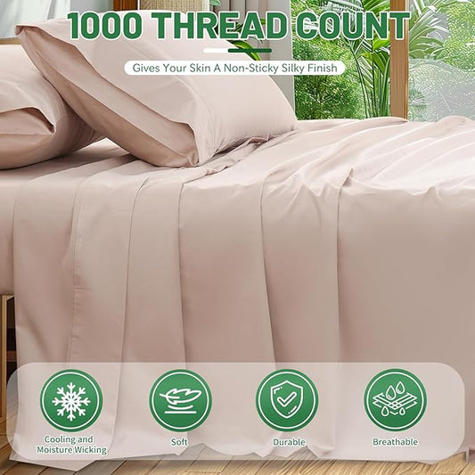 100% Egyptian Cotton Sheets Cal King Sheet Set 4PCS 1000 Thread Count Sateen Weave Soft Breathable 16-Inch Deep Pocket（California King,Dusty Pink）