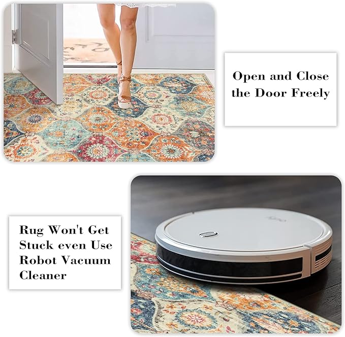 Lahome Moroccan Trellis Round Area Rugs, Washable Small Round Rug 3ft Non-Slip, Soft Vintage Ultra-Thin Circle Carpet for Bedroom Entryway Kitchen Laundry Bathroom, Cream/Multi