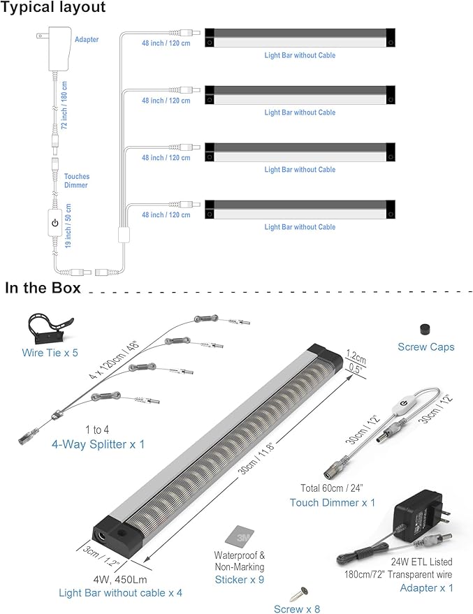 EBD LED Under Cabinet Lighting 4-Way Parallel Connection Display Case Lights Touch Kitchen Counter Light Bar 4 Panels 1800 Lm 6500K Energy Super Bright for Pantry Garage Closet Bookcase & Shelf