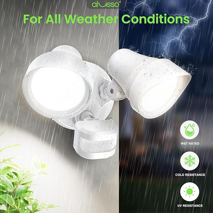 ALUSSO Motion Sensor Outdoor Lights, 30W 3500LM Flood Lights Outdoor, 3 Modes (Dusk to Dawn/Auto/On Time), 3CCT 3000K/4000K/6500K Waterproof Hardwired ETL Listed, Porch Garage Flood Light, White 2PCS