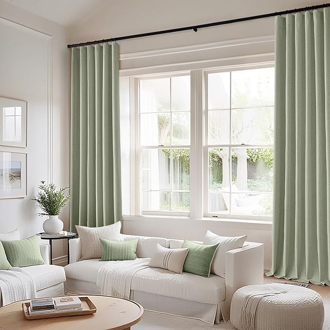 MIULEE 100% Blackout Back Tab Pleat Linen Curtains 50" Wx120 L, Sage Green | 2 - Image 2