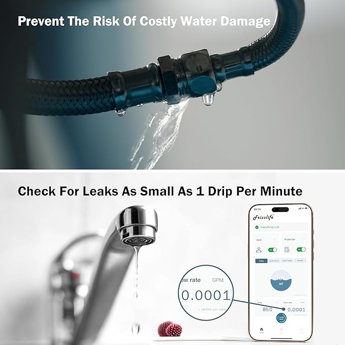 Frizzlife LP365 1.25-Inch Smart Water Monitor and Automatic Shutoff - 0.01GPM Ultrasonic Micro Leak Detection, APP Wi-Fi Remote Control, Real-Time Flow/Temp Monitoring, for 1-1/4-Inch Diameter Pipe