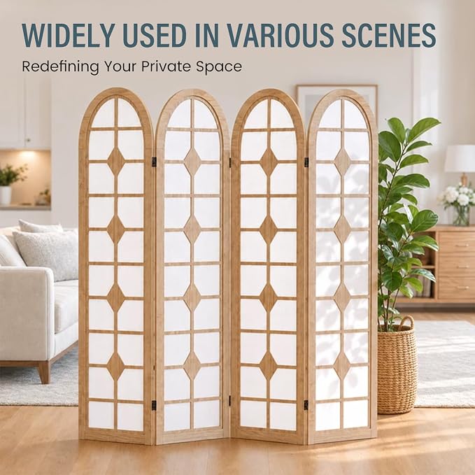 4 Panel Shoji Room Divider, Wood Folding Privacy Screen, Natural | Wood Room - Image 4