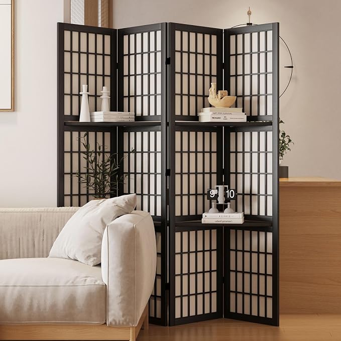 Room Divider with Shelves, 66.9-Inch Tall Japanese Shoji Style Wood Screen with by Svimi