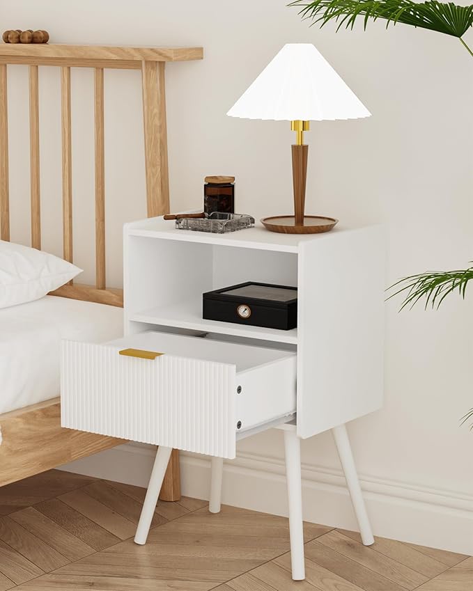 Nightstand,Modern Bedside Table with Storage Drawer and Open Wood Shelf, Accent Night Stand with Solid Wood Legs for Living Room, Bedroom and Small Spaces,Easy Assembly (White)