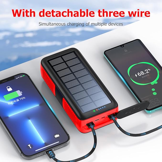 boogostore Solar Charger Power Bank 63200mAh, Portable Charger with Dual Outputs & Dual Inputs 4 LEDs Flashlight, Hand Crank Power Bank Fast Charging Battery Pack for Outdoor Camping Survival Gear