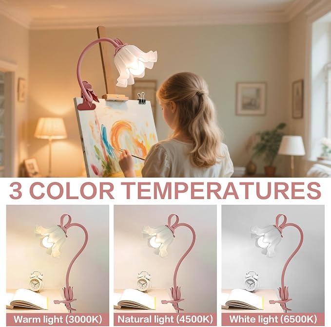 Clip On Light and Flower Bedside Table Lamp, Flexible Gooseneck Reading Book - Image 2