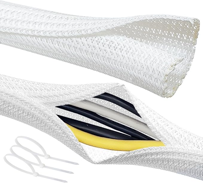 Cable Management Split Wire Loom Sleeve - Cord Hider & Protector for Desk, Pet Chew Proof, Wire Cover Organizer, Flexible Tube for Wires and Cables (3/16 Inch 12FT, White)