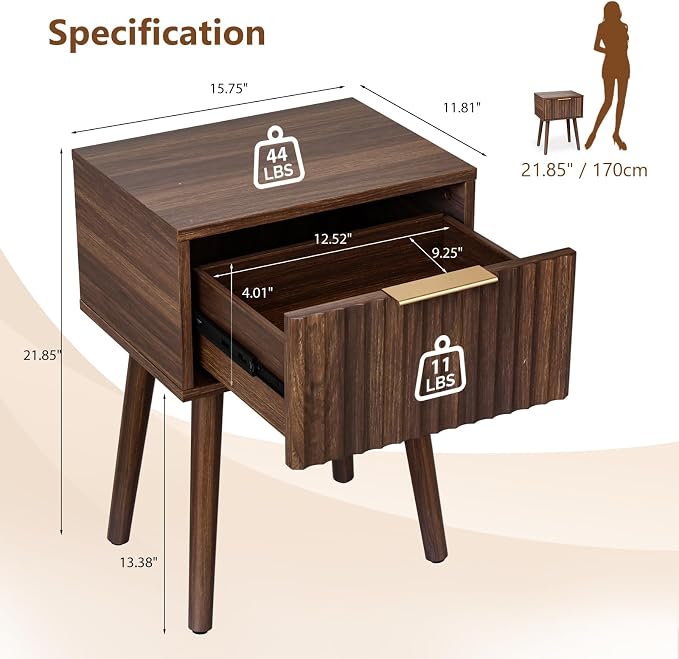 VINGLI Night Stand, Fluted Nightstand Wood, Mid Century Modern Nightstand - Image 2