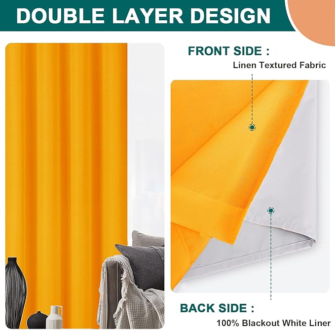 Diraysid 100% Blackout Curtains Yellow Linen Curtains - Image 2