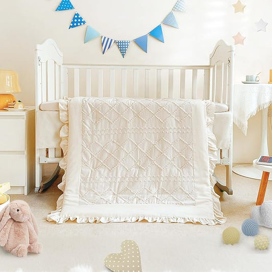 Wowelife Crib Bedding Set for Girls, 3 Pieces Baby Crib Bedding Set Newborn, Mini Tufted Jacquard Ruffle Fringe Boho, Infant & Nursery with Comforter, Crib Fitted Sheet and Crib Skirt, Beige