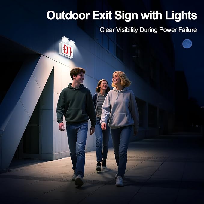 Wet Location Emergency Exit Signs with Adjustable Lights Battery Backup, UL Listed Double Face Exterior Led Exit Sign Combo, Hardwired Waterproof Red Exit Light, AC120/277V, Wall/Side Mount (2 Pack)