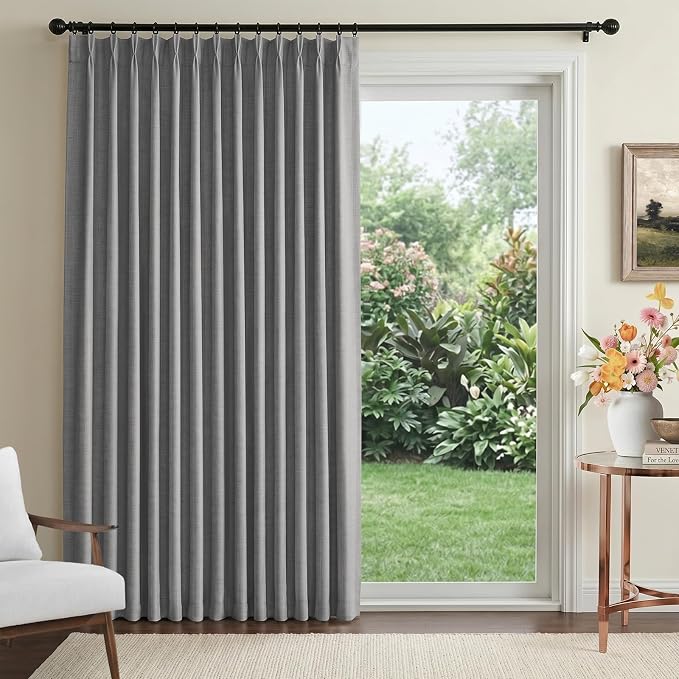 Pinch Pleated Full Blackout Faux Linen Curtains 102 Inches Long | Dark Grey by 100BlackoutShield