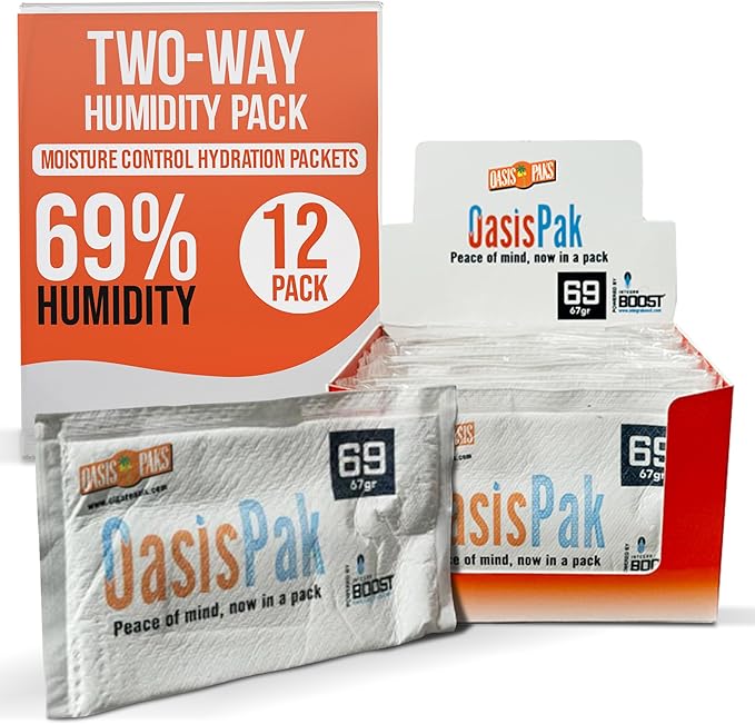 OasisPak 69% RH Two-Way Humidity Control Packs (12 Pack) - 67 Gram Packs | Maintain Humidty, Freshness, Flavors & Aromas | Salt-Free, Leak-Proof Moisture Absorbers for Storage Cases & Containers