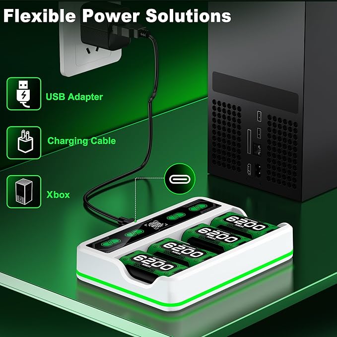 Upgraded Fast Charging Rechargeable Battery Packs with Light Control, 4 x 6200mWh White Batteries with Charger Dock/Storage for Series X|S, One S/X/Elite Game Controllers, Cases and Storage Sets,White