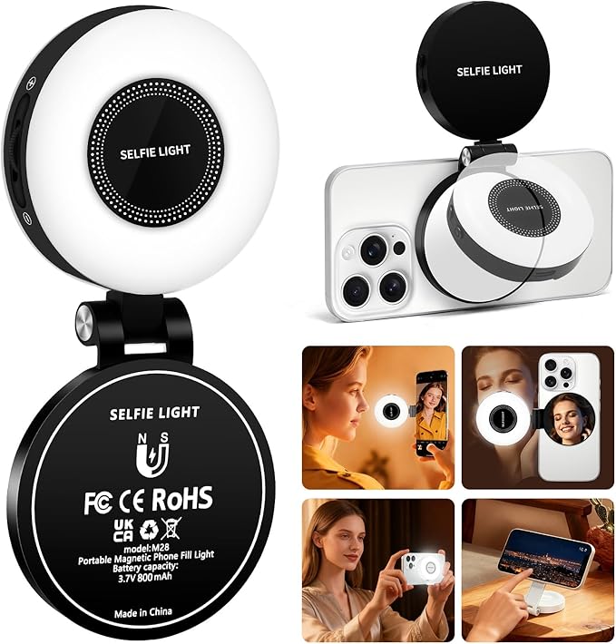 CMUBH Magnetic Selfie Light for MagSafe iPhone: 3 Light Modes, Rechargeable 360° Rotatable LED Phone Ring Fill Light with Mirror for Photography, Makeup, TikTok, Zoom, Video Conference, Black