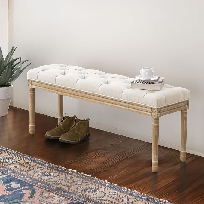 LUE BONA 44" Bedroom Bench, Fabric End of Bed Bench, Upholstered French Tufted - Image 4