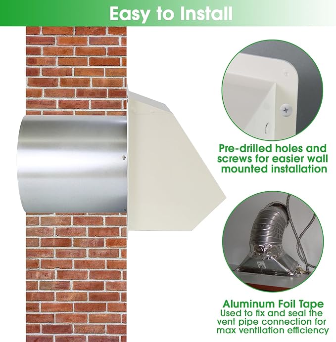 8 Inch Hooded Wall Vent with Screen and Damper,Outdoor Wall Exhaust Vent Cover Wall Cap for Exterior Kitchen Range Hood Ventilation Dryer HVAC Duct Air Exhaust, Galvanized Steel, White