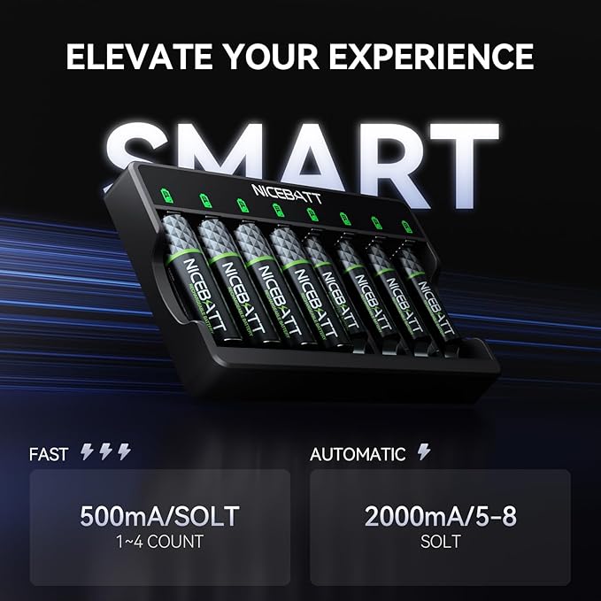 Smart 8 Bay AA AAA Battery Charger, Over-Discharge Damage Repair, USB Type-C Fast Charging for Ni-MH Ni-CD Rechargeable Batteries