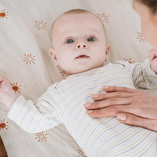 Gllquen Baby Muslin Bassinet Sheets 3 Pack, Breathable Elastic Cozy Fitted Cotton Bassinet Mattress Sheet for Baby Boy Girls, Fit for Hourglass Oval Rectangular Cradle Pad Sheets 33"x17" (Sunshine)