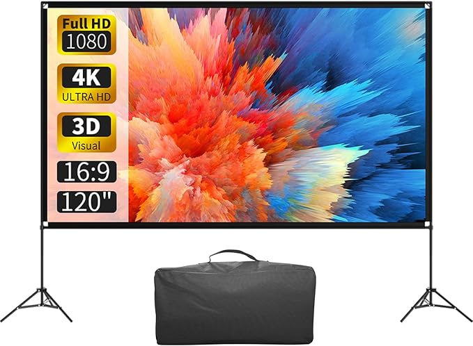 VISULAPEX Projector Screen with Stand 120 Inch, 16:9 4K HD Portable Projector Screen Indoor Outdoor, Foldable Wrinkle-Free Movie Screen 160° Front Rear Projection Screen with Carry Bag for Home Movie
