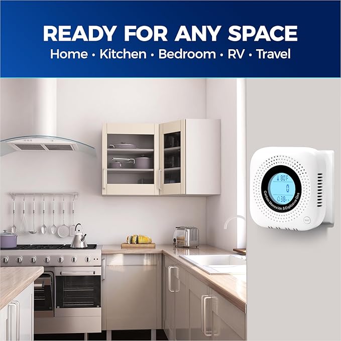 Daffypop Plug-in Carbon Monoxide & Natural Gas Leak Detector, 4-in-1 CO, Methane, Propane Alarm with Temperature & Humidity Monitor for Home, Kitchen, RV, Hotel, Travel – White