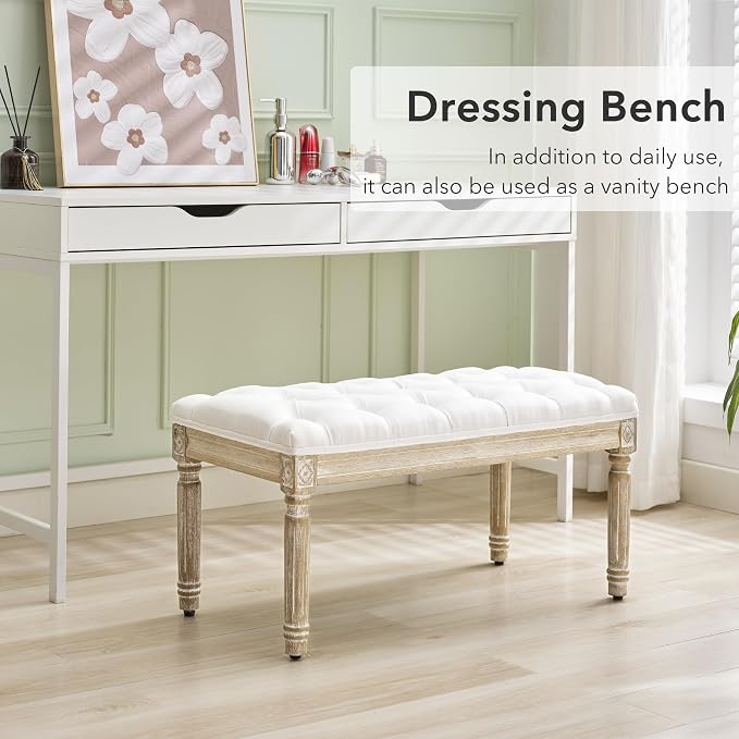 LOULENS 31'' Entryway Bench, Linen Upholstered End of Bed Bench, Brushed Wood - Image 8