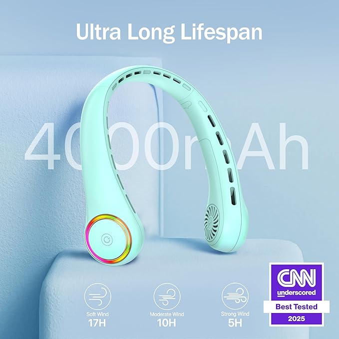 GULAKI Portable Neck Fan, Personal Fan with 4000mAh Battery, Rechargeable Neck Fan with 3 Speeds and 64 Cool Lights, Birthday Gifts for Men Women Mom Dad, Hands Free Cooling fan for Summer(Green)
