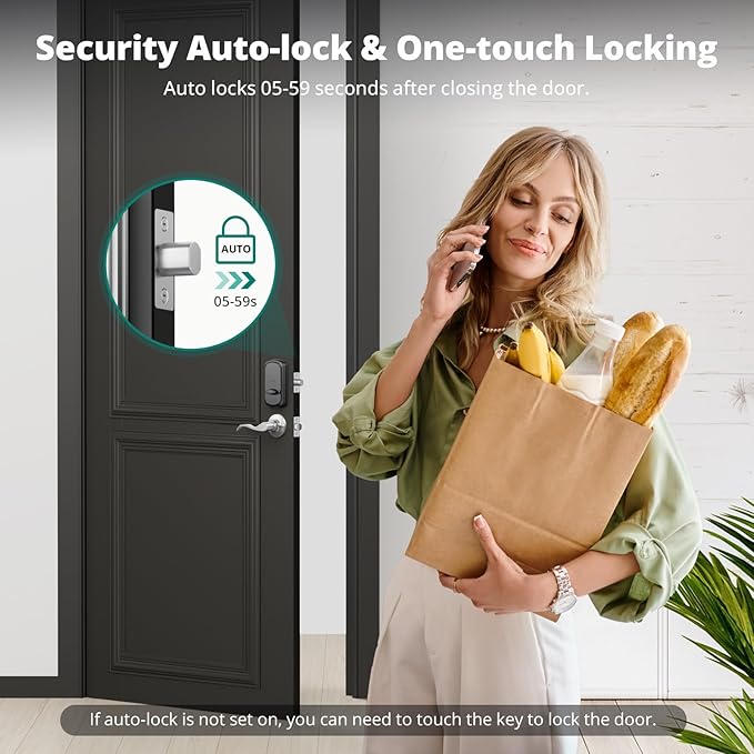 AkaGear DS10 Keyless Entry Door Lock with Handle - 2 Lever Handles, Fingerprint Door Lock, Keypad Deadbolt, 2 Keys, Code, Smart Locks for Front Door, Auto-Lock, Easy Installation - Satin Nickel