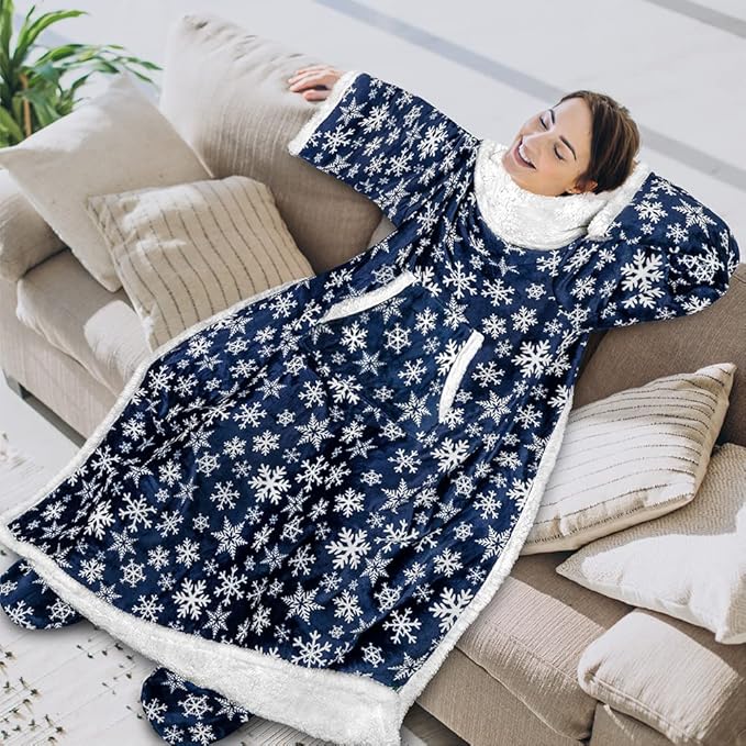 PAVILIA Sherpa Blanket with Sleeves, Foot Pocket for Women Men Adults, Thick Wearable Blanket Throw Wrap, Fleece Warm Snuggle Blanket Robe, Cozy Gift Ideas Wife Mom, Snowflake Blue
