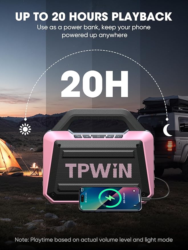 TPWIN Wireless Bluetooth Speakers - Portable Speaker 80W Peak, 20H Playtime, Light Shows, Loud Speaker with Strong Bass, BT 5.3, TWS, IPX6 Waterproof for Home Travel Outdoor Beach Camping - Pink