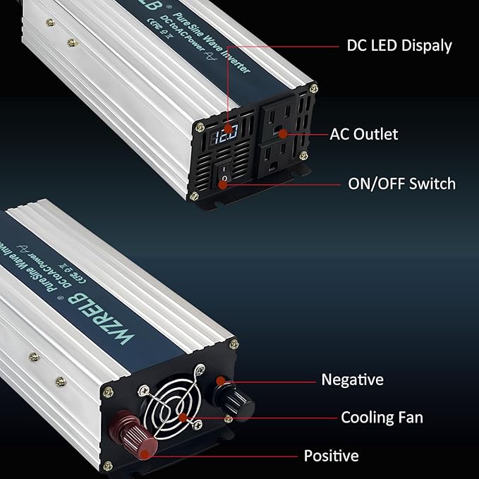WZRELB 1000W Pure Sine Wave Inverter 12V DC to 110V 120V AC Power Converter with LED Display, Off-Grid Portable Power Inverter with 2 AC Outlets for Home, RV, Truck, Camping
