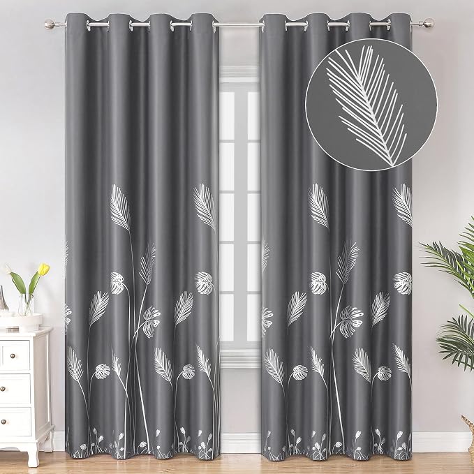 Blackout Curtains for Living Room Silver Palm Tree Printed Thermal Insulated by ESTELARTEXTILER