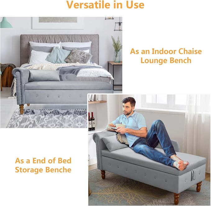 Aoowow Velvet Bedroom Storage Bench End of Bed, Rolled Arm Couch Indoor Chaise - Image 5