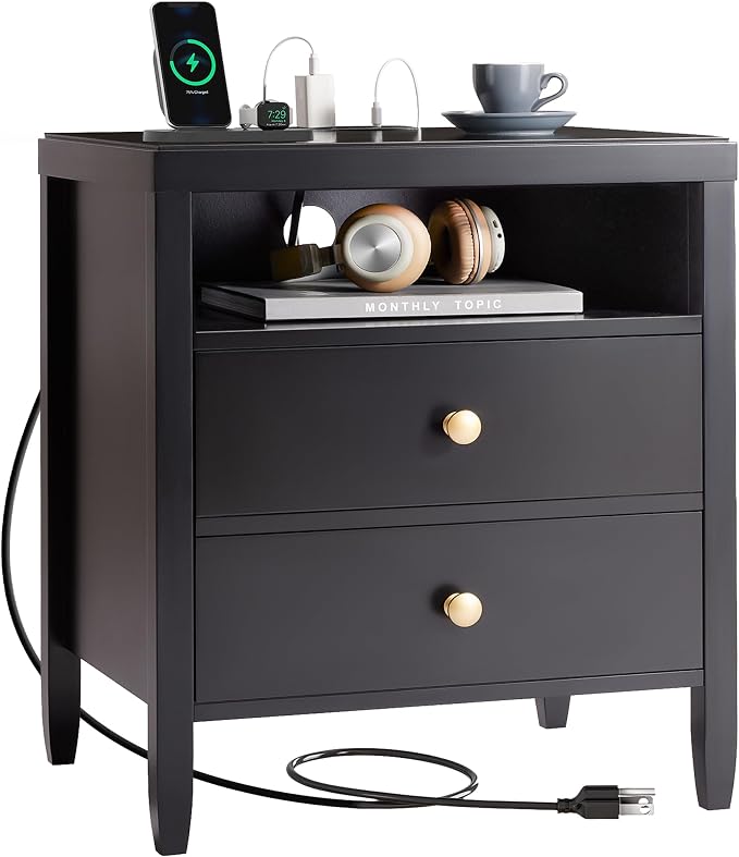 Huuger Nightstand with Charging Station, Bedside Table with Storage, Modern - Image 9