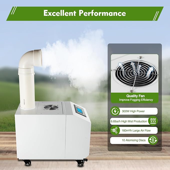 Humidifier Large Room,10L 6.6Lbs/H Industrial Ultrasonic Mist Maker with Wheels&10 Atomizing Discs,Agricultural Commercial Humidifier for Greenhouse,Grow Room&Plants