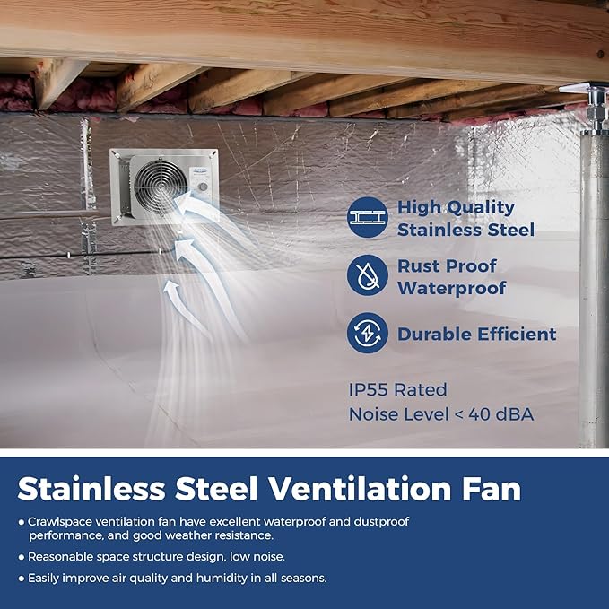 ALORAIR 300CFM Crawlspace Ventilation Fan with Humidistat, IP55 Rated Basement Stainless Steel Exhaust Fan, Built-In Isolation Net 6.7 Inch Foundation Vent Fan for Crawl Space, Garage, Attic,Grow Tent