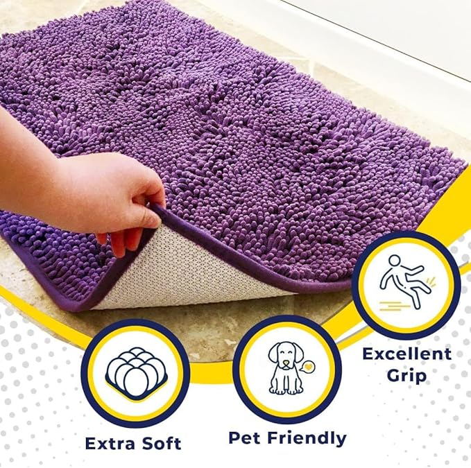 Muddy Mat® AS-SEEN-ON-TV Highly Absorbent Microfiber Door Mat and Pet Rug, Non Slip Thick Washable Area and Bath Mat Soft Chenille for Kitchen Bathroom Bedroom Indoor and Outdoor - Purple 24" x 72"
