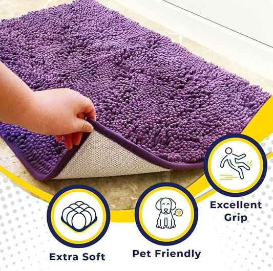 Muddy Mat® AS-SEEN-ON-TV Highly Absorbent Microfiber Door Mat and Pet Rug, Non Slip Thick Washable Area and Bath Mat Soft Chenille for Kitchen Bathroom Bedroom Indoor and Outdoor - Purple 24" x 72"
